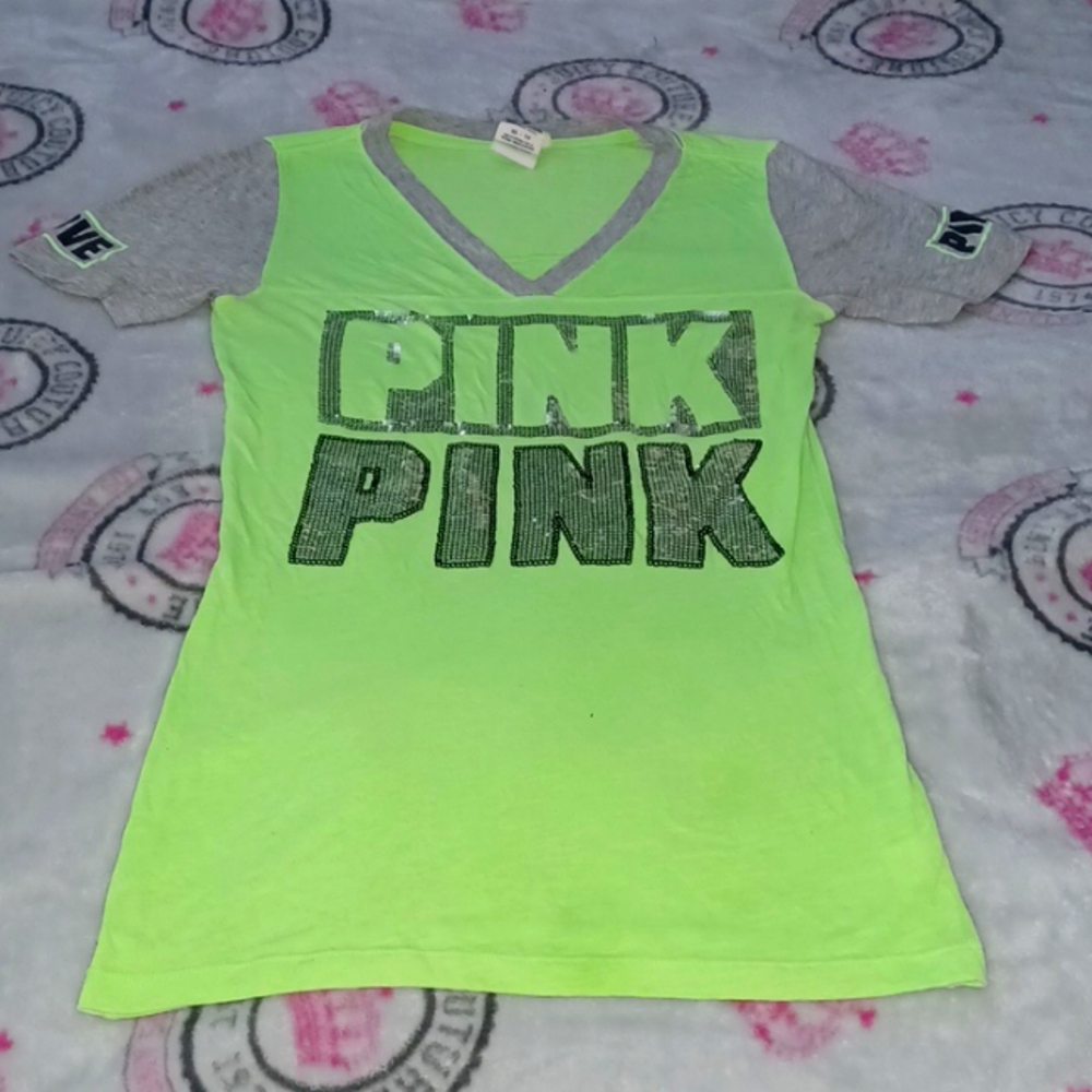 Neon green V neck victorias secret PINK T shirt